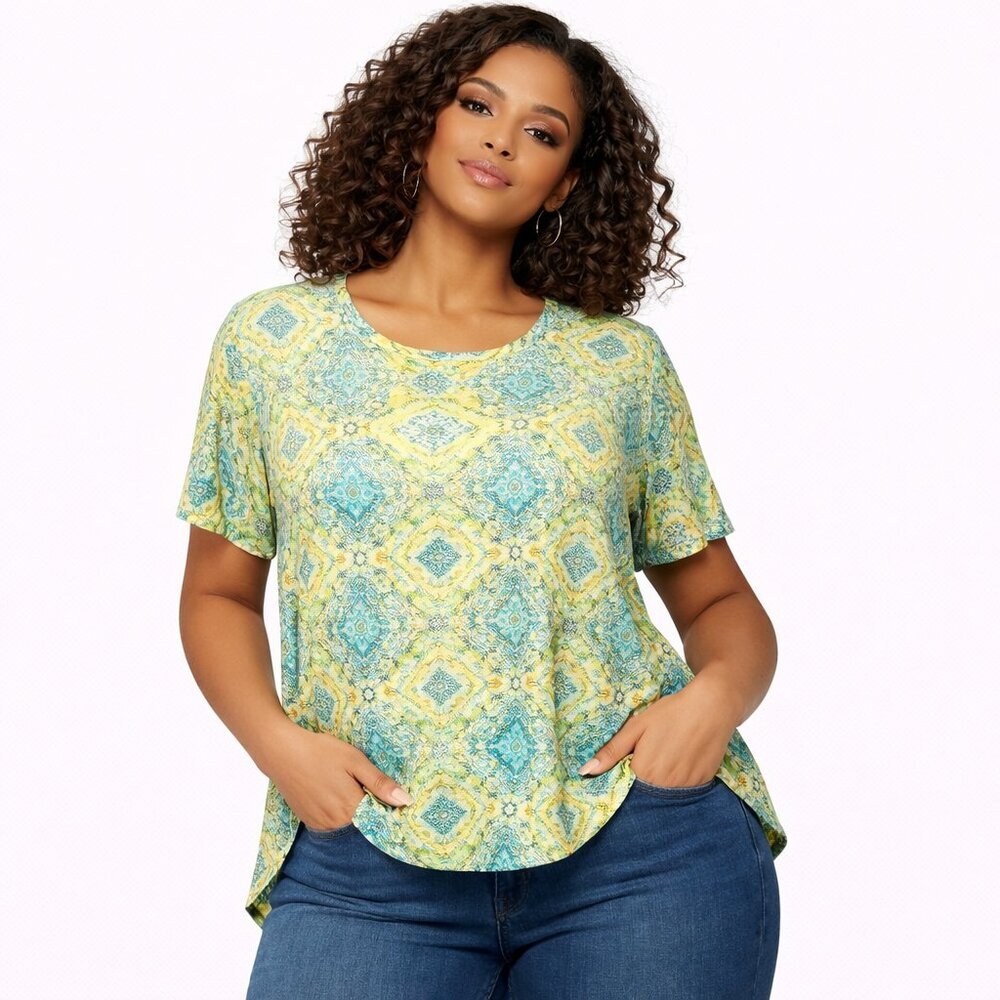Lula Roe Multicolor High-Low Short Sleeve Tee Blouse | Geometric Print Top | Siz